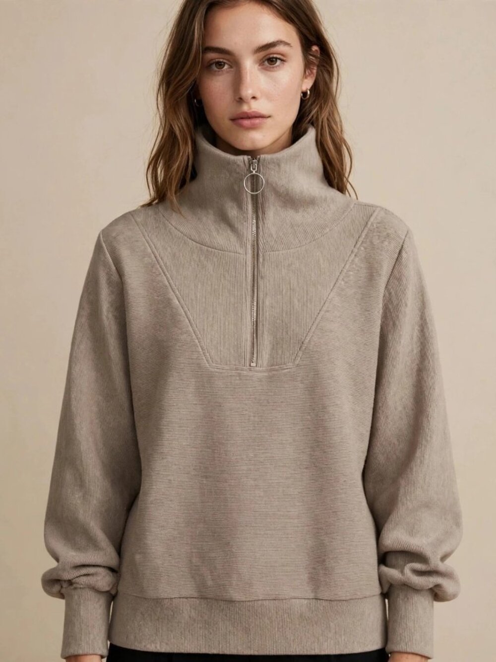 Varley Vine Oversized Quarter Zip Pullover Taupe Ribbed Mock Neck Sz XS X-Small
